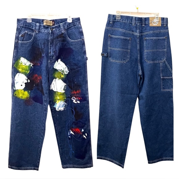 DTEK Y2K Vintage Painted Baggy Wide Leg Skater Streetwear Jeans Size 36x32